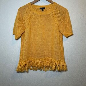 J. Crew Womens Small Sweater Short Sleeve Linen Knit Yellow Fringe Boho Spring
